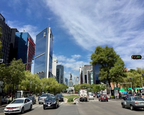 Modern facade of an office building on Paseo de la Reforma in Mexico City